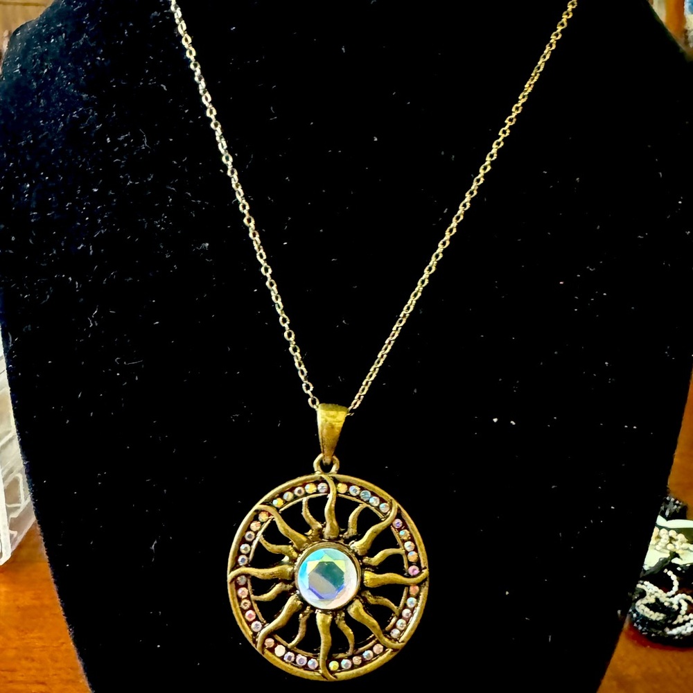 Medallion, Iridescent Rhinestones, Antique gold inspired Pendant Necklace